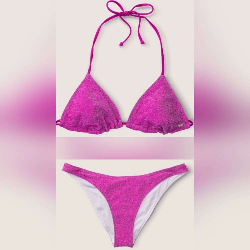 M/M PINK Swim Shimmer Triangle Bikini Top Brazilian Bikini Set